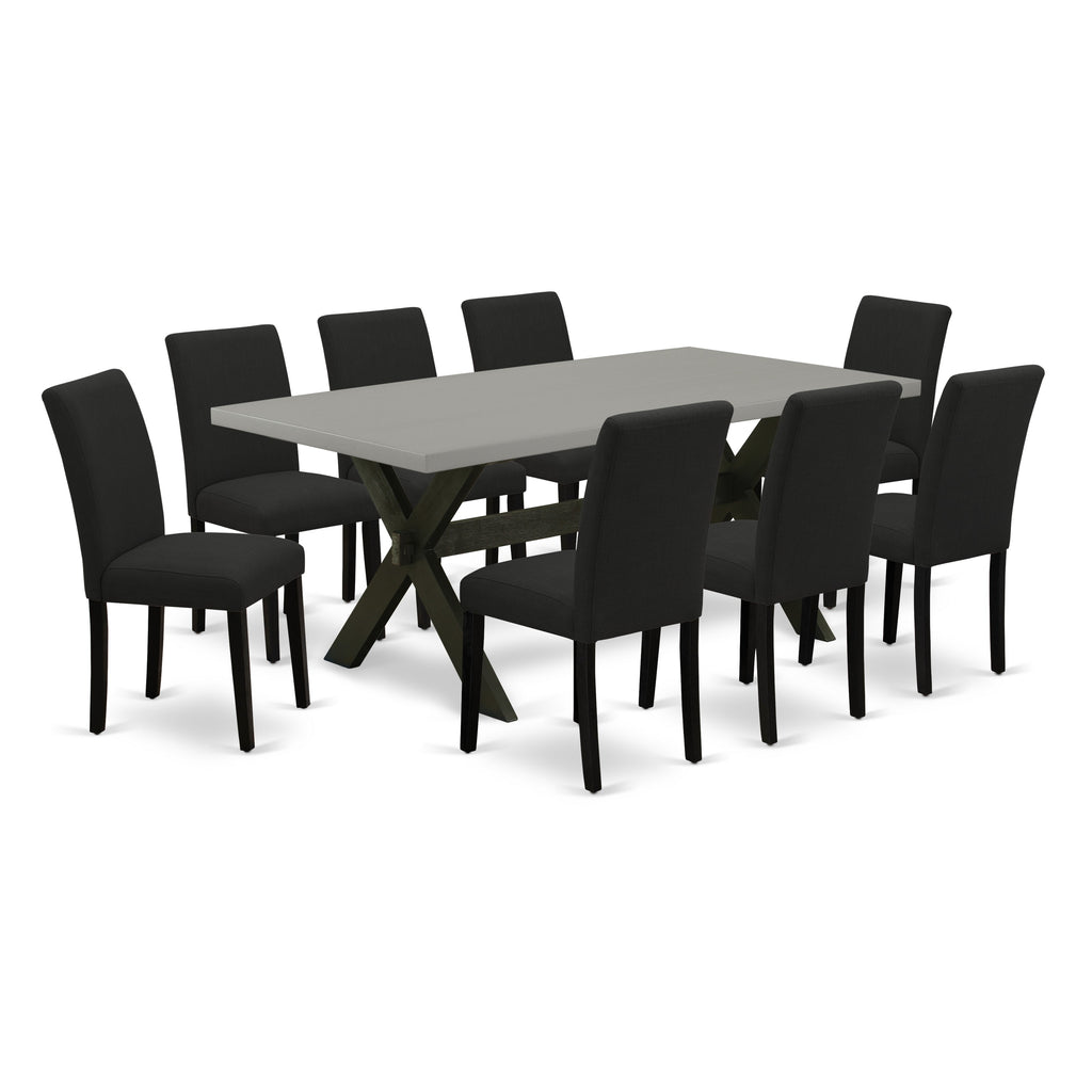 East West Furniture X697AB624-9 9 Piece Dining Room Table Set Includes a Rectangle Kitchen Table with X-Legs and 8 Black Color Linen Fabric Parsons Dining Chairs, 40x72 Inch, Multi-Color