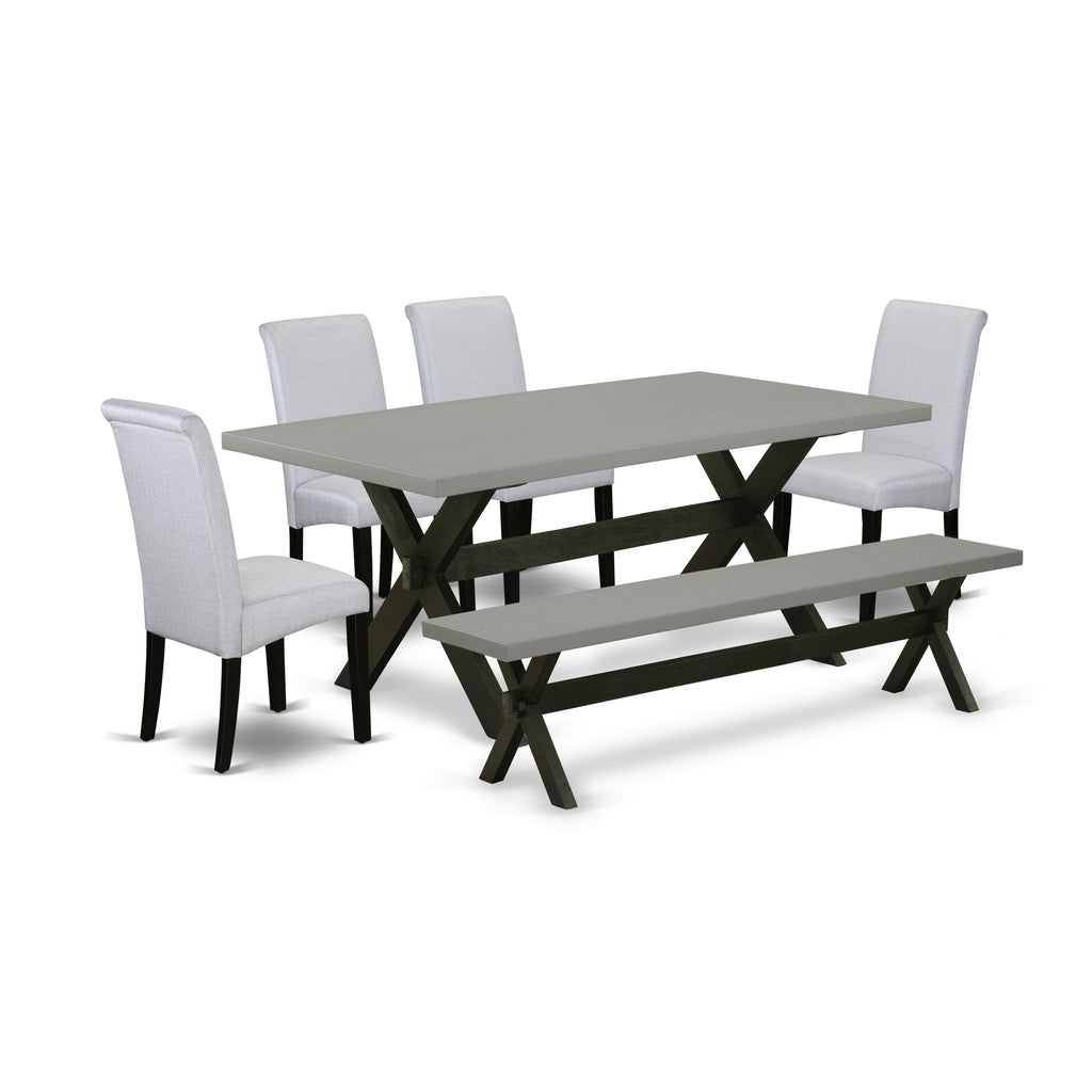 X697BA105-6 6Pc Dining Set - 40x72" Rectangular Table, 4 Parson Chairs and a Bench - Wirebrushed Black & Cement Color