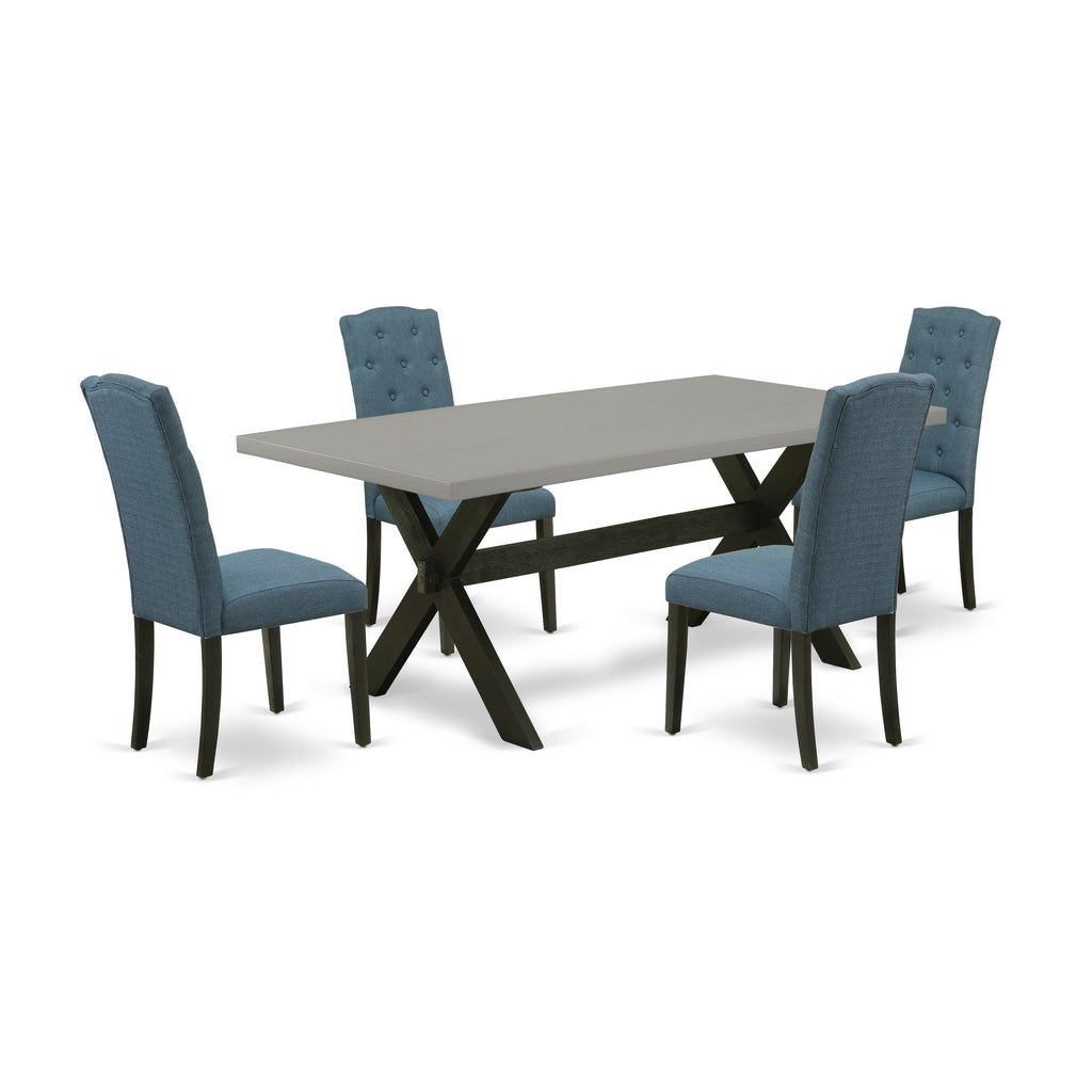 East West Furniture X697CE121-5 5 Piece Dining Table Set Includes a Rectangle Dining Room Table with X-Legs and 4 Mineral Blue Linen Fabric Parsons Chairs, 40x72 Inch, Multi-Color