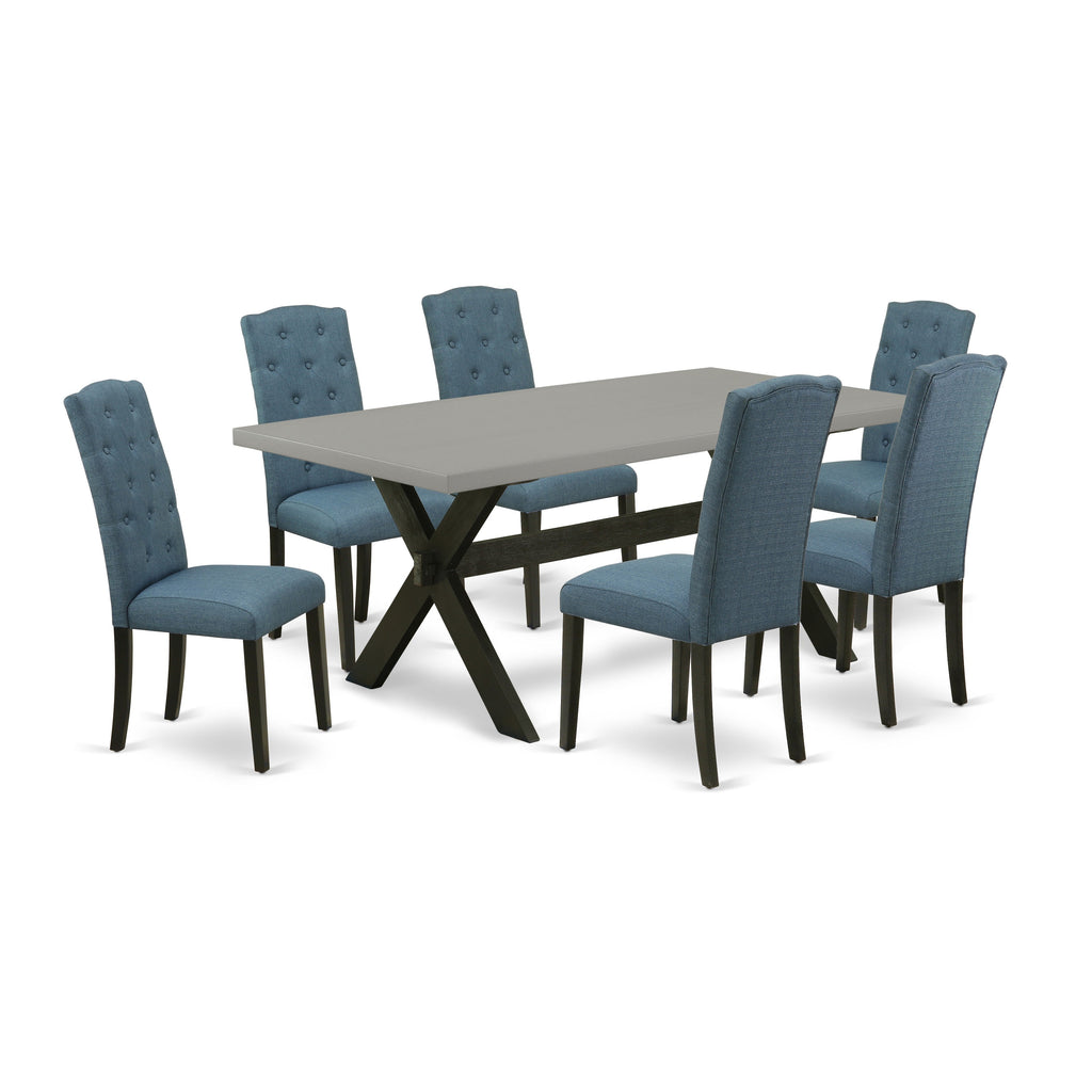 East West Furniture X697CE121-7 7 Piece Kitchen Table Set Consist of a Rectangle Dining Table with X-Legs and 6 Mineral Blue Linen Fabric Parson Dining Chairs, 40x72 Inch, Multi-Color