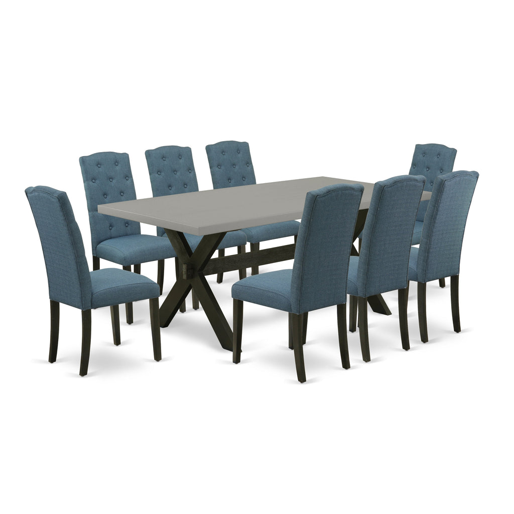 East West Furniture X697CE121-9 9 Piece Modern Dining Table Set Includes a Rectangle Wooden Table with X-Legs and 8 Mineral Blue Linen Fabric Upholstered Chairs, 40x72 Inch, Multi-Color