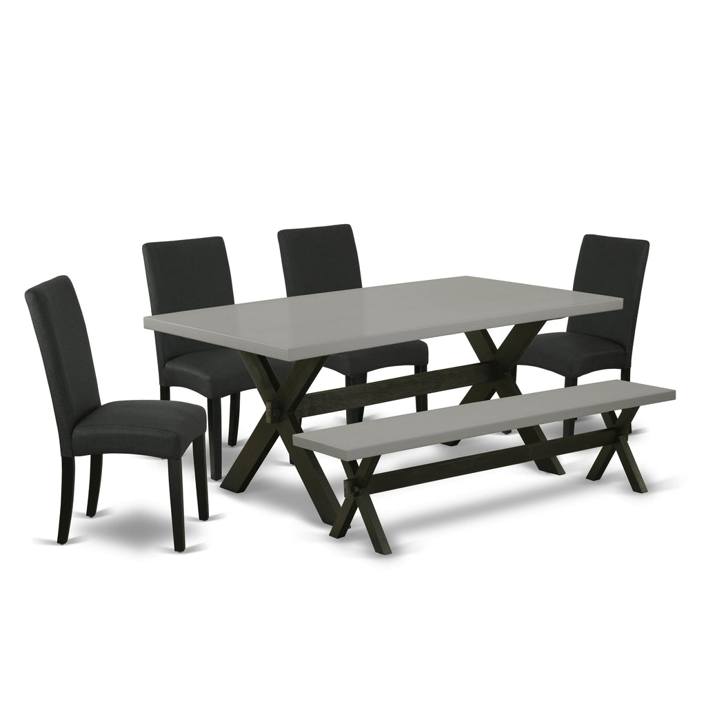 East West Furniture X697DR124-6 6 Piece Dining Set Contains a Rectangle Dining Room Table with X-Legs and 4 Black Color Linen Fabric Parson Chairs with a Bench, 40x72 Inch, Multi-Color