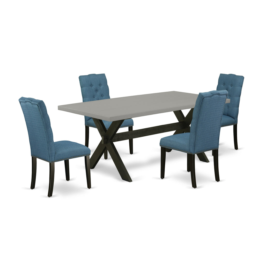 East West Furniture X697EL121-5 5 Piece Dining Room Table Set Includes a Rectangle Kitchen Table with X-Legs and 4 Blue Linen Fabric Parson Dining Chairs, 40x72 Inch, Multi-Color