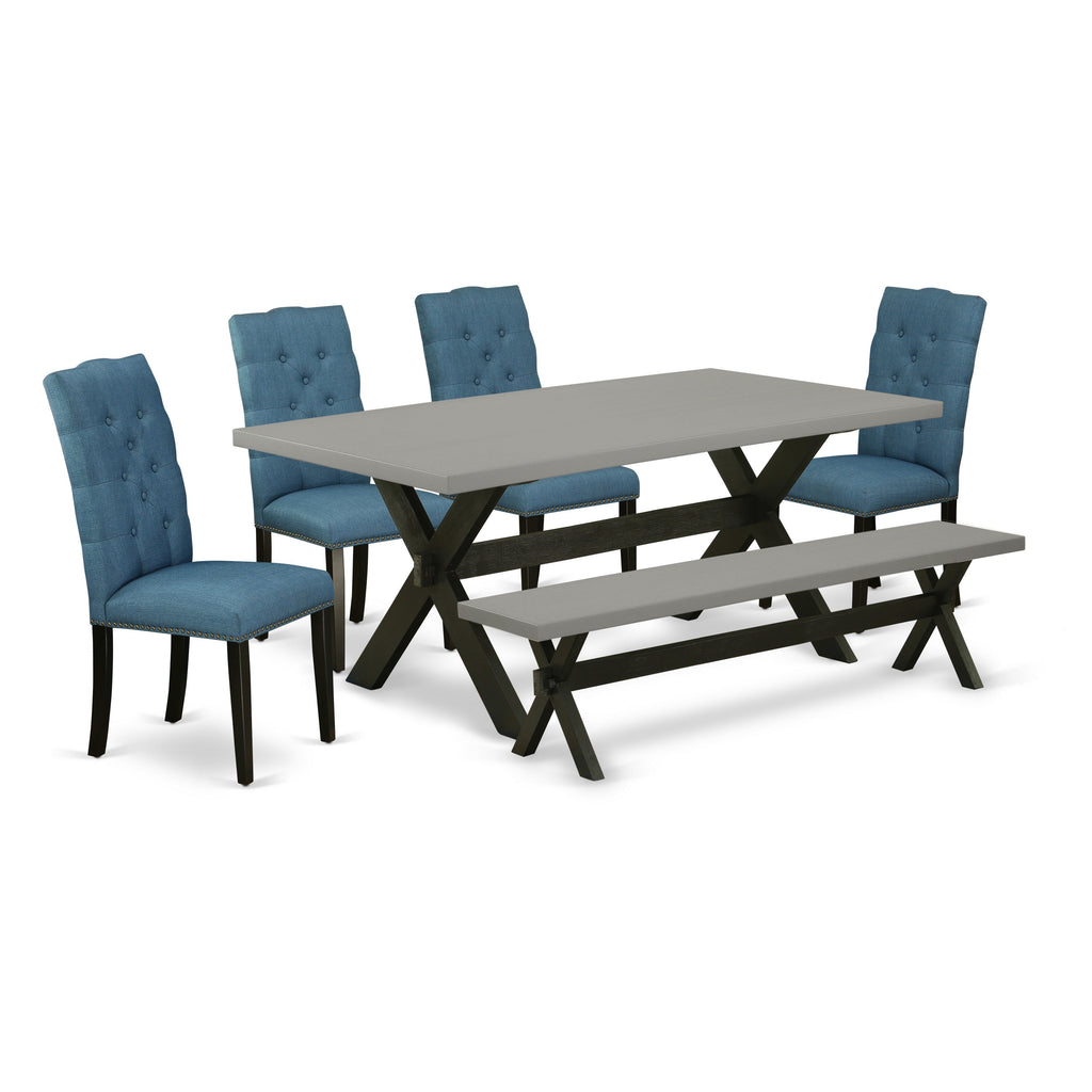 East West Furniture X697EL121-6 6 Piece Dining Set Contains a Rectangle Dining Room Table with X-Legs and 4 Blue Linen Fabric Parson Chairs with a Bench, 40x72 Inch, Multi-Color