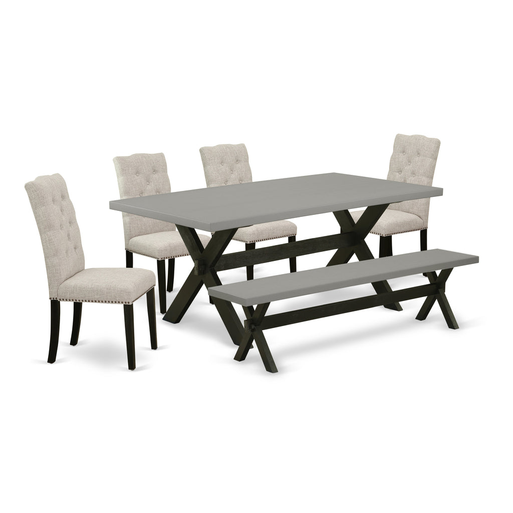 East West Furniture X697EL635-6 6 Piece Dining Table Set Contains a Rectangle Dining Room Table with X-Legs and 4 Doeskin Linen Fabric Parson Chairs with a Bench, 40x72 Inch, Multi-Color