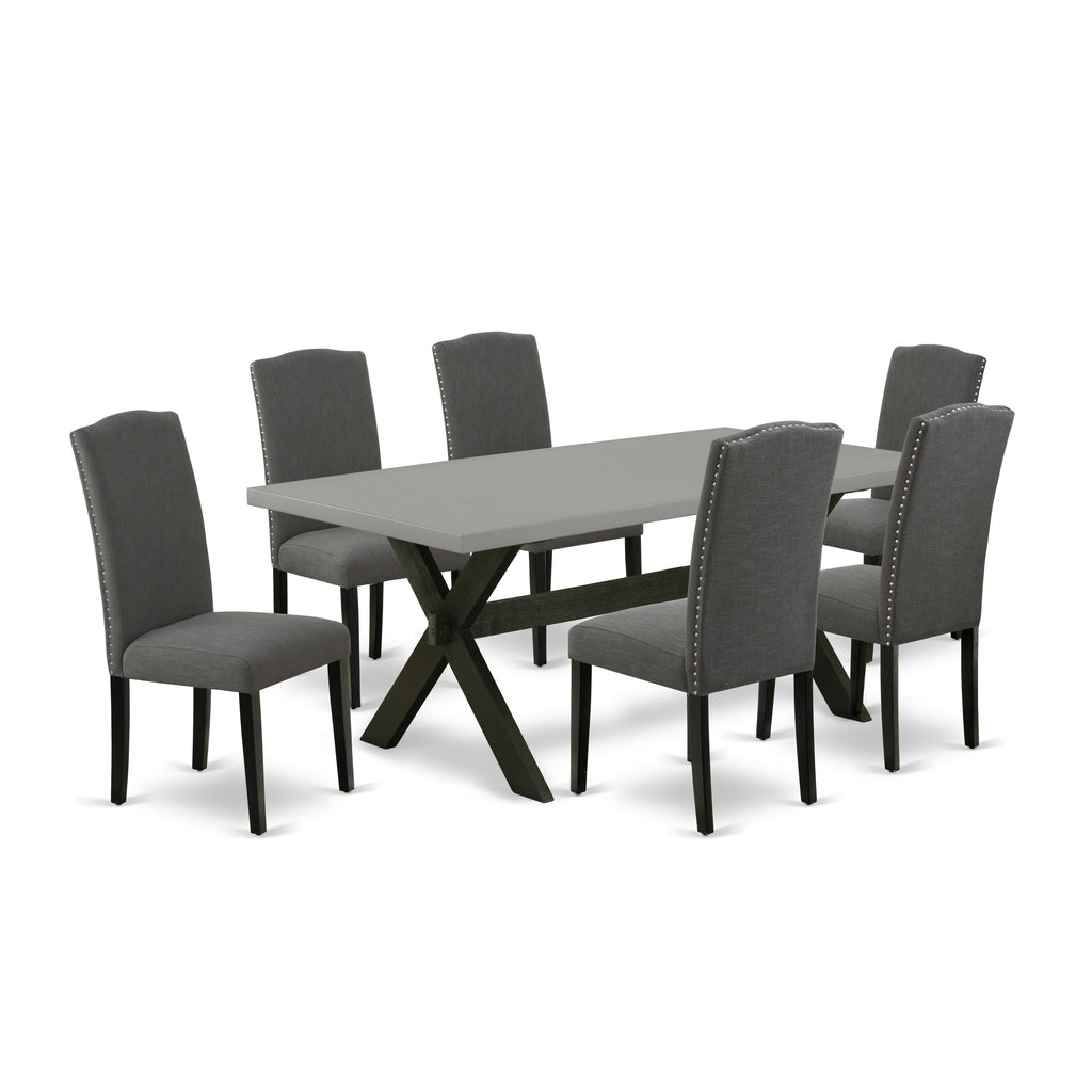 East West Furniture X697EN120-7 7 Piece Dining Room Furniture Set Consist of a Rectangle Dining Table with X-Legs and 6 Dark Gotham Linen Fabric Upholstered Chairs, 40x72 Inch, Multi-Color