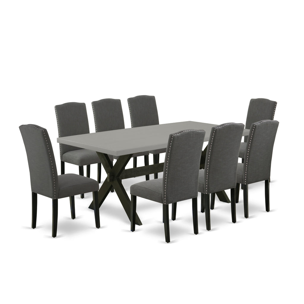 East West Furniture X697EN120-9 9 Piece Dining Room Set Includes a Rectangle Kitchen Table with X-Legs and 8 Dark Gotham Linen Fabric Parsons Dining Chairs, 40x72 Inch, Multi-Color