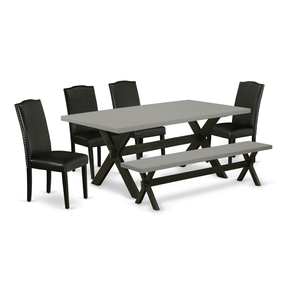 East West Furniture X697EN169-6 6 Piece Dining Table Set Contains a Rectangle Dining Room Table with X-Legs and 4 Black Faux Leather Parson Chairs with a Bench, 40x72 Inch, Multi-Color
