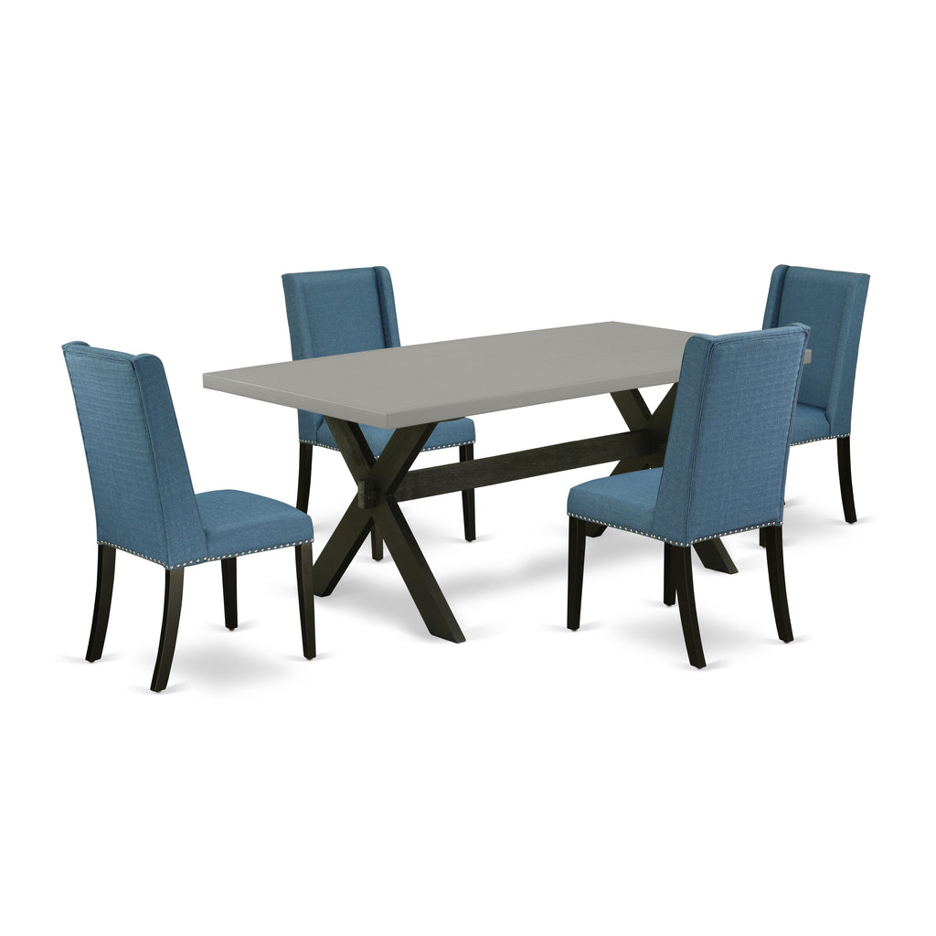 East West Furniture X697FL121-5 5 Piece Kitchen Table & Chairs Set Includes a Rectangle Dining Room Table with X-Legs and 4 Blue Linen Fabric Parsons Dining Chairs, 40x72 Inch, Multi-Color