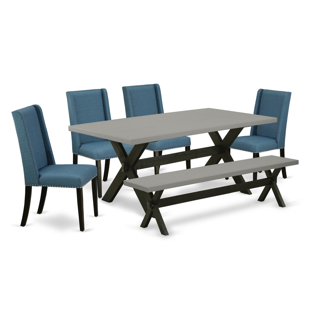 East West Furniture X697FL121-6 6 Piece Dining Room Set Contains a Rectangle Dining Table with X-Legs and 4 Blue Linen Fabric Upholstered Chairs with a Bench, 40x72 Inch, Multi-Color