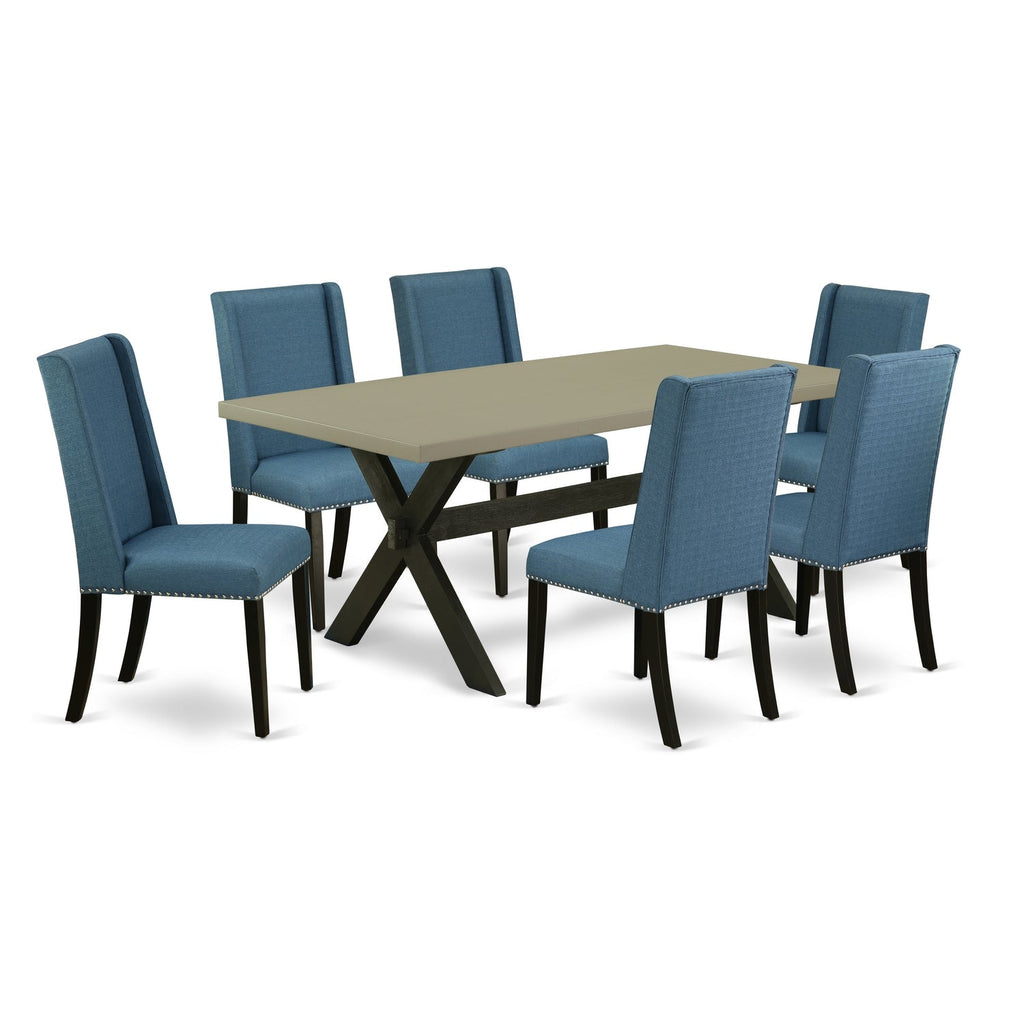 East West Furniture X697FL121-7 7 Piece Kitchen Table & Chairs Set Consist of a Rectangle Dining Room Table with X-Legs and 6 Blue Linen Fabric Parsons Chairs, 40x72 Inch, Multi-Color