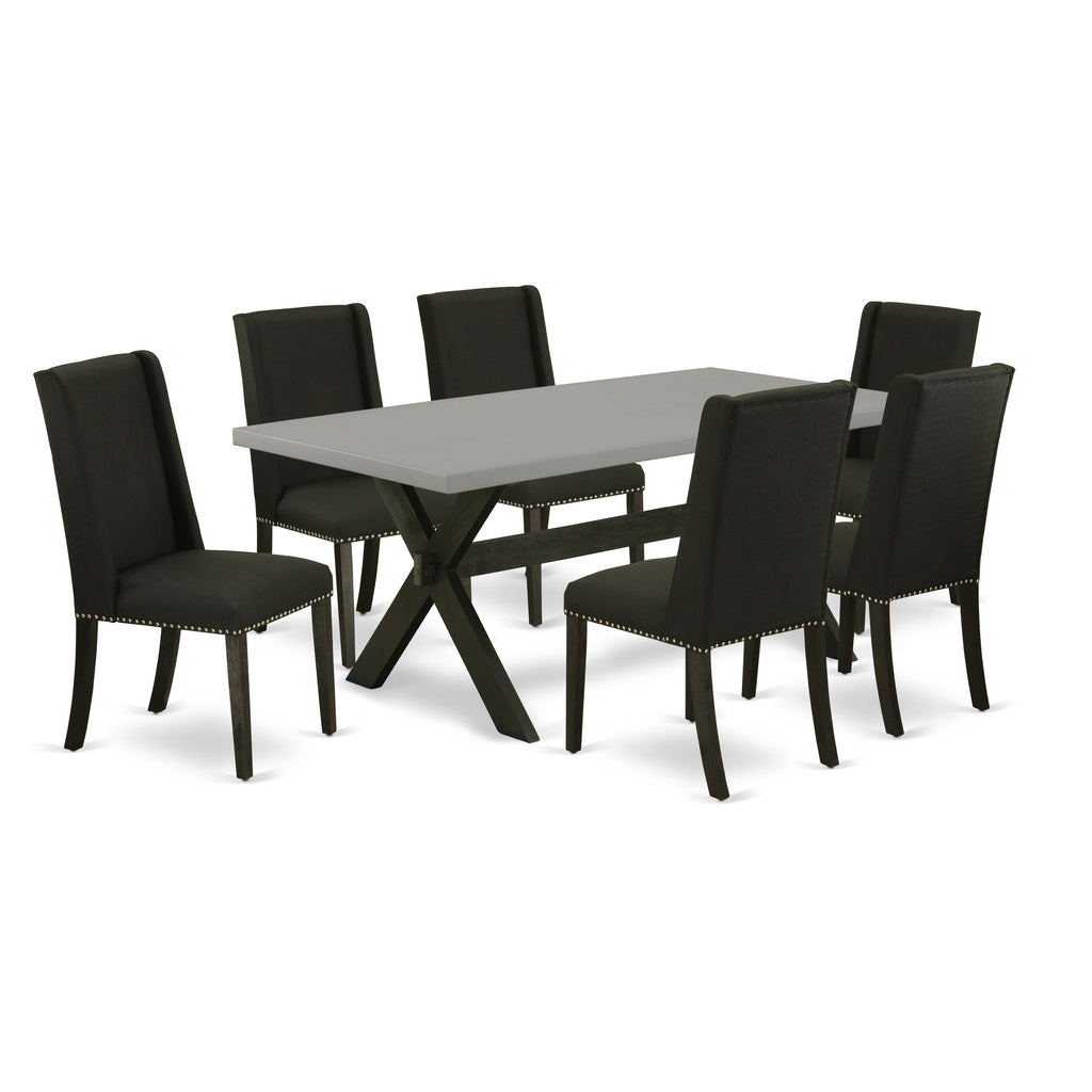 East West Furniture X697FL624-7 7 Piece Dining Room Furniture Set Consist of a Rectangle Dining Table with X-Legs and 6 Black Linen Fabric Parsons Chairs, 40x72 Inch, Multi-Color