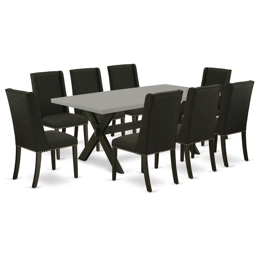 East West Furniture X697FL624-9 9 Piece Dining Room Furniture Set Includes a Rectangle Dining Table with X-Legs and 8 Black Linen Fabric Upholstered Chairs, 40x72 Inch, Multi-Color