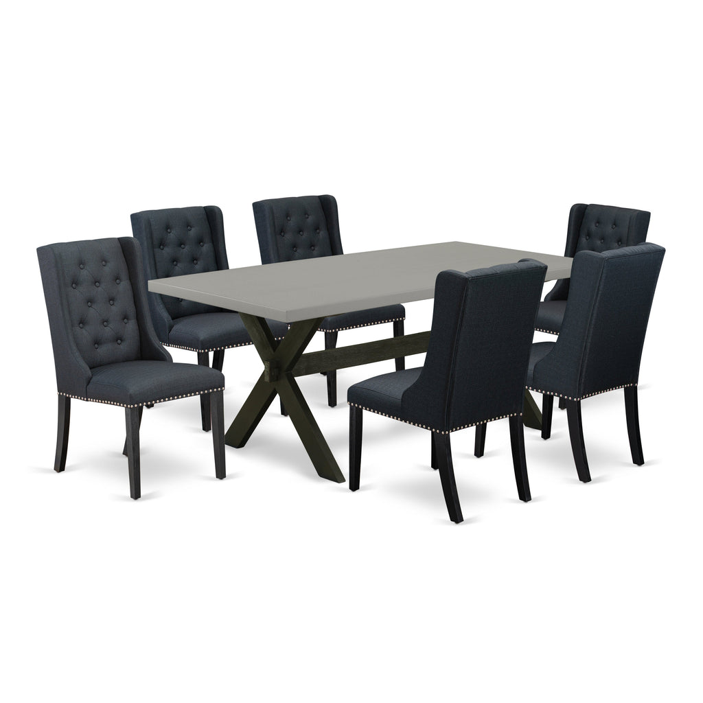 East West Furniture X697FO624-7 7 Piece Dining Room Table Set Consist of a Rectangle Kitchen Table with X-Legs and 6 Black Linen Fabric Parsons Dining Chairs, 40x72 Inch, Multi-Color