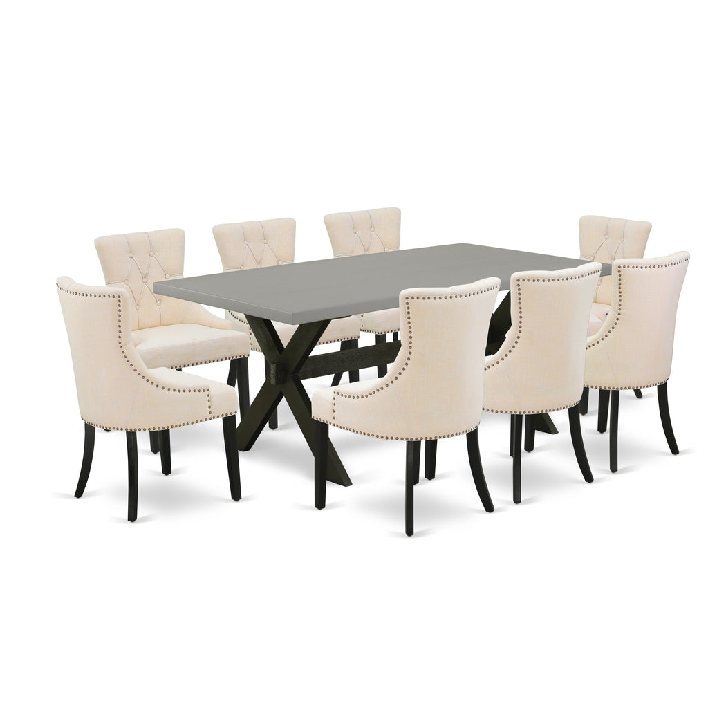 East West Furniture X697FR102-9 9 Piece Dining Set Includes a Rectangle Dining Room Table with X-Legs and 8 Light Beige Linen Fabric Upholstered Chairs, 40x72 Inch, Multi-Color