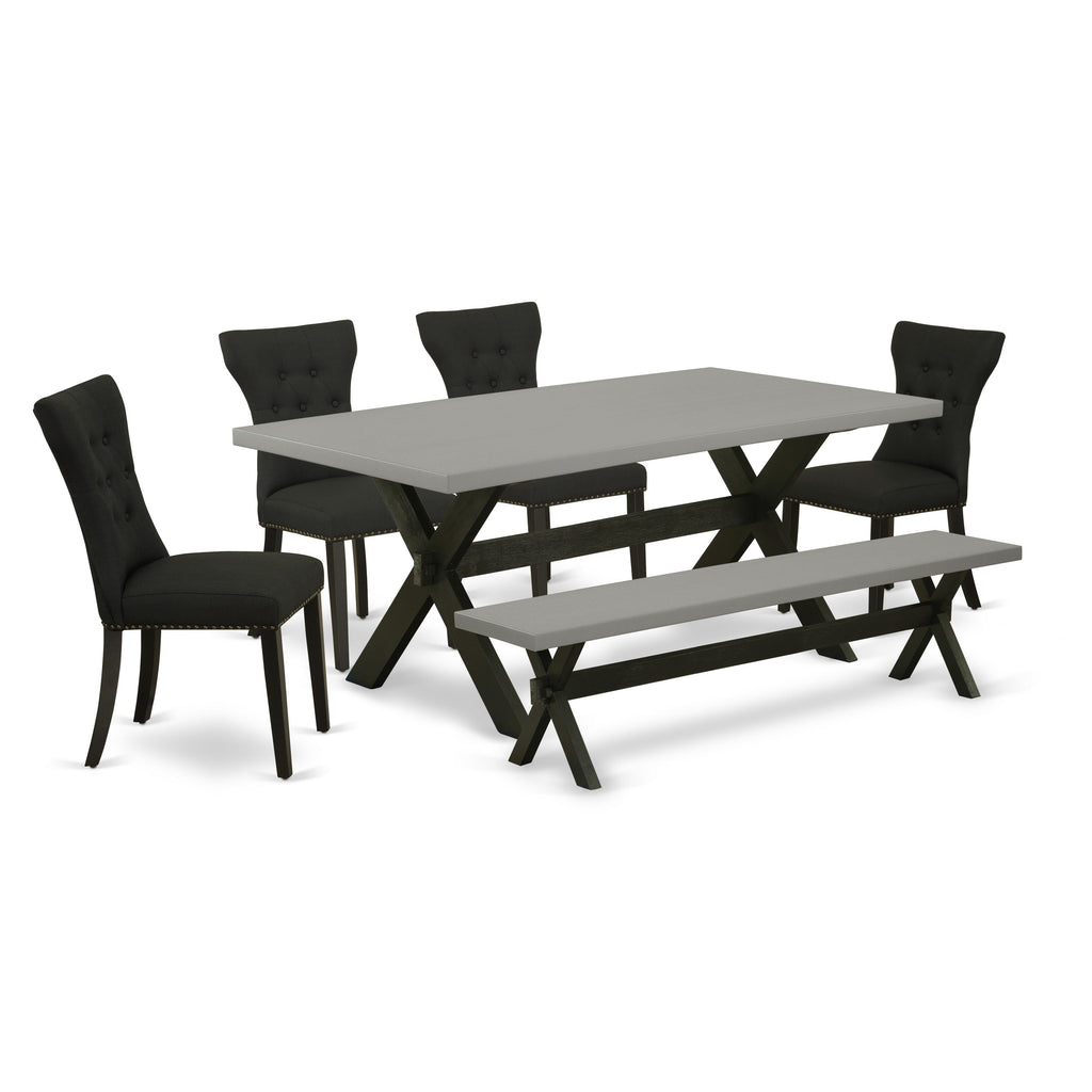 East West Furniture X697GA124-6 6 Piece Dining Table Set Contains a Rectangle Wooden Table with X-Legs and 4 Black Linen Fabric Upholstered Chairs with a Bench, 40x72 Inch, Multi-Color