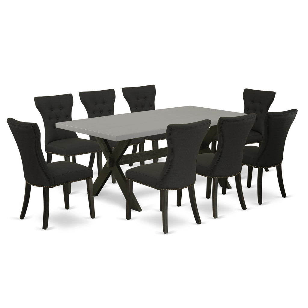 East West Furniture X697GA124-9 9 Piece Dining Room Set Includes a Rectangle Kitchen Table with X-Legs and 8 Black Linen Fabric Upholstered Parson Chairs, 40x72 Inch, Multi-Color