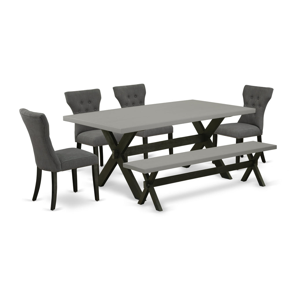 East West Furniture X697GA650-6 6 Piece Dining Set Contains a Rectangle Dining Room Table with X-Legs and 4 Dark Gotham Linen Fabric Parson Chairs with a Bench, 40x72 Inch, Multi-Color