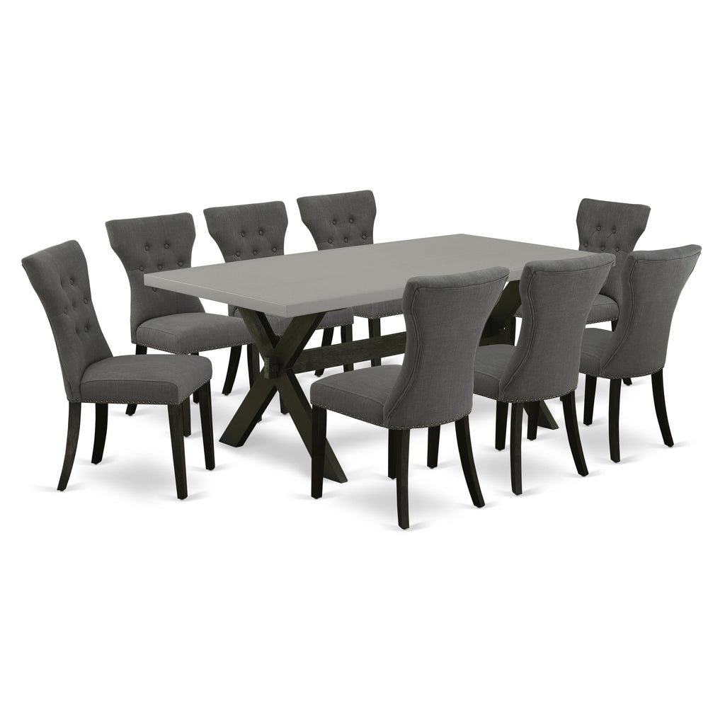 East West Furniture X697GA650-9 9 Piece Dining Room Set Includes a Rectangle Kitchen Table with X-Legs and 8 Dark Gotham Linen Fabric Upholstered Parson Chairs, 40x72 Inch, Multi-Color