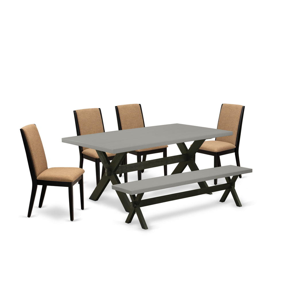 East West Furniture X697LA147-6 6 Piece Dining Table Set Contains a Rectangle Dining Room Table and 4 Light Sable Linen Fabric Parson Chairs with a Bench, 40x72 Inch, Multi-Color