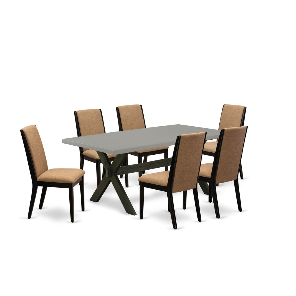 East West Furniture X697LA147-7 7 Piece Modern Dining Table Set Consist of a Rectangle Wooden Table with X-Legs and 6 Light Sable Linen Fabric Upholstered Chairs, 40x72 Inch, Multi-Color