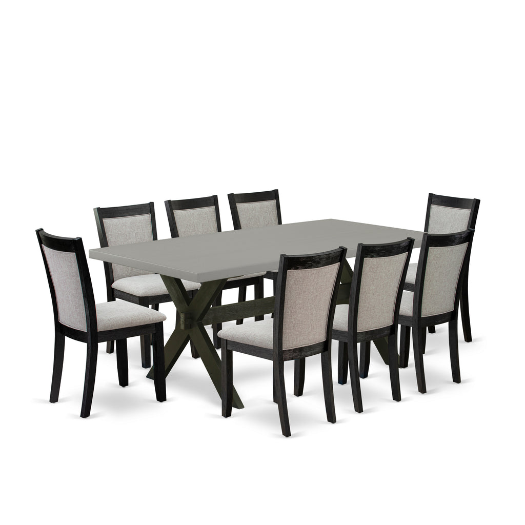 East West Furniture X697MZ606-9 9 Piece Kitchen Table & Chairs Set Includes a Rectangle Dining Room Table with X-Legs and 8 Shitake Linen Fabric Parsons Chairs, 40x72 Inch, Multi-Color