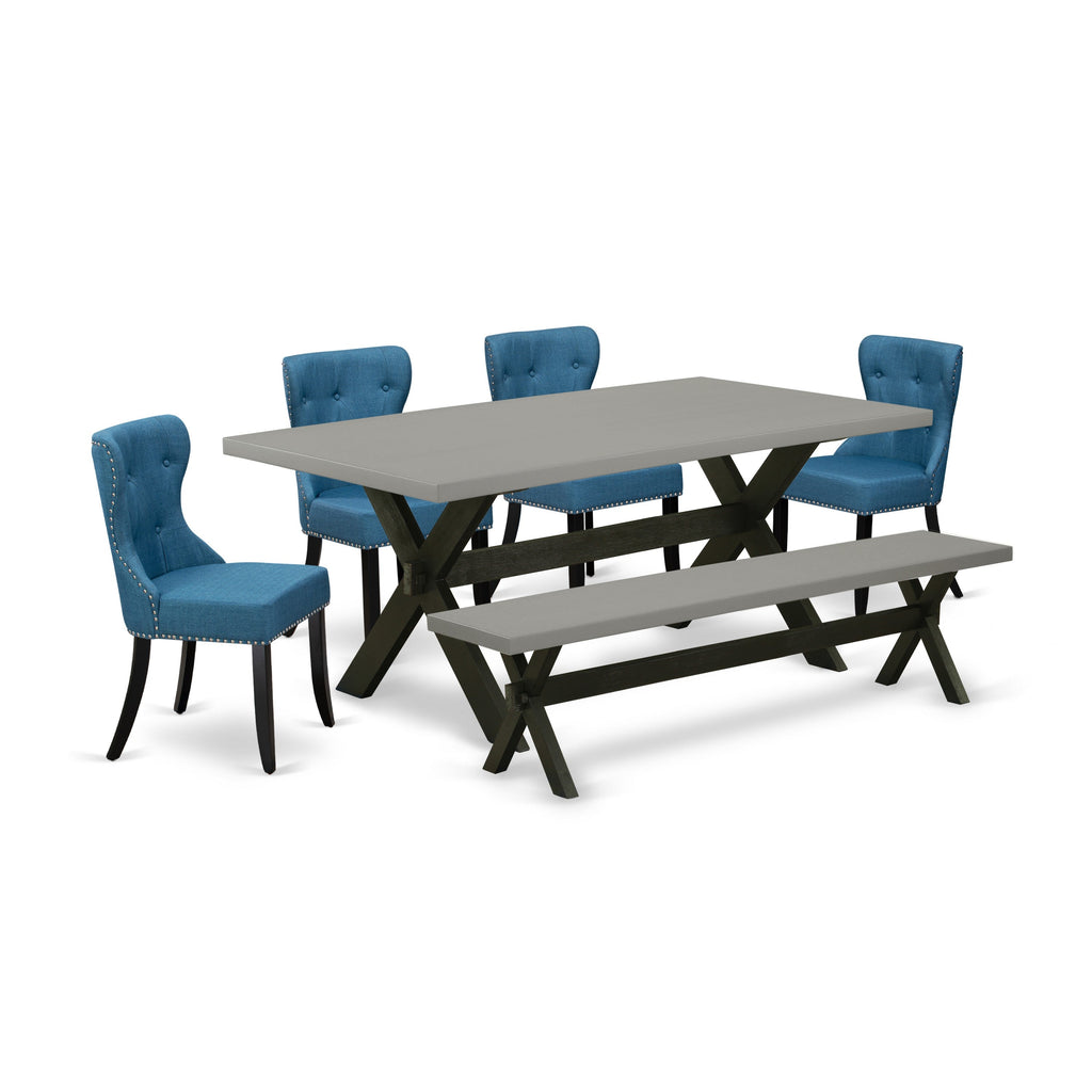 East West Furniture X697SI121-6 6 Piece Dining Table Set Contains a Rectangle Wooden Table with X-Legs and 4 Blue Linen Fabric Upholstered Chairs with a Bench, 40x72 Inch, Multi-Color