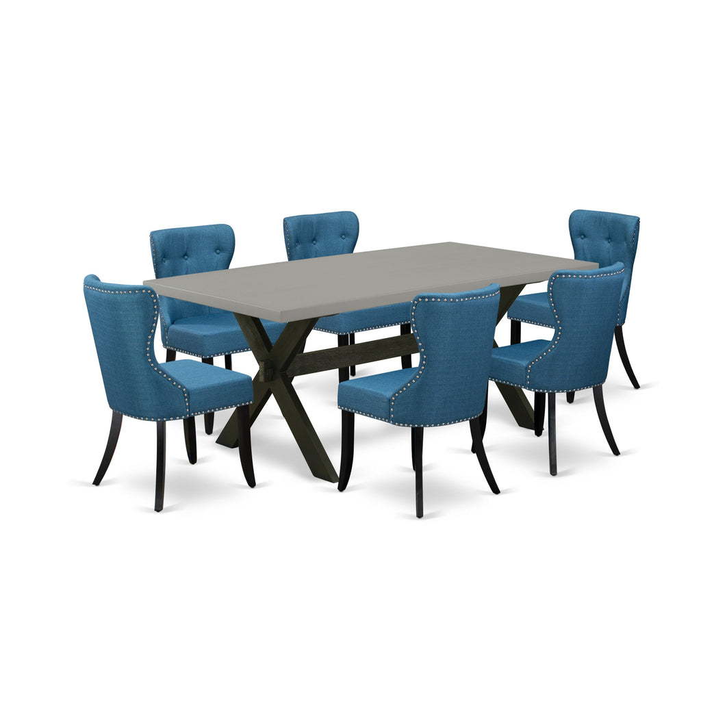 East West Furniture X697SI121-7 7 Piece Dining Room Table Set Consist of a Rectangle Dining Table with X-Legs and 6 Blue Linen Fabric Upholstered Parson Chairs, 40x72 Inch, Multi-Color