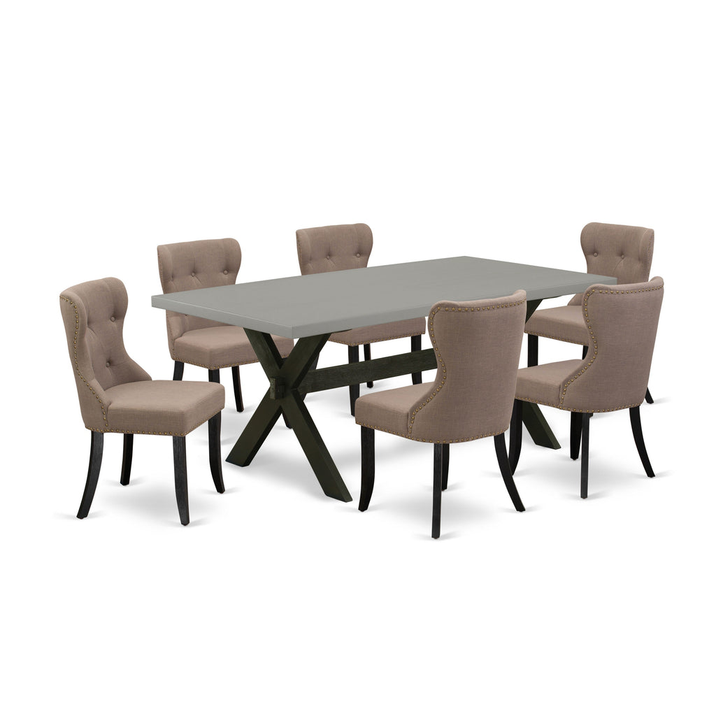 East West Furniture X697SI648-7 7 Piece Dining Set Consist of a Rectangle Dining Room Table with X-Legs and 6 Coffee Linen Fabric Upholstered Chairs, 40x72 Inch, Multi-Color