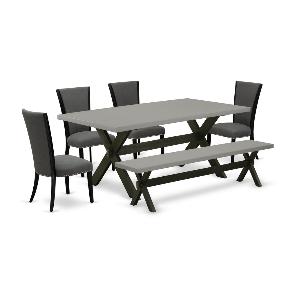 East West Furniture X697VE650-6 6 Piece Dining Table Set Contains a Rectangle Wooden Table with X-Legs and 4 Dark Gotham Linen Fabric Parson Chairs with a Bench, 40x72 Inch, Multi-Color