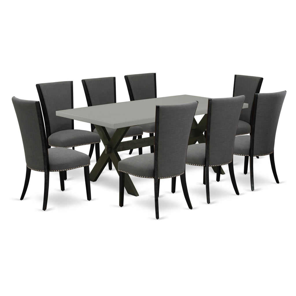 East West Furniture X697VE650-9 9 Piece Dining Table Set Includes a Rectangle Wooden Table with X-Legs and 8 Dark Gotham Linen Fabric Parson Dining Room Chairs, 40x72 Inch, Multi-Color