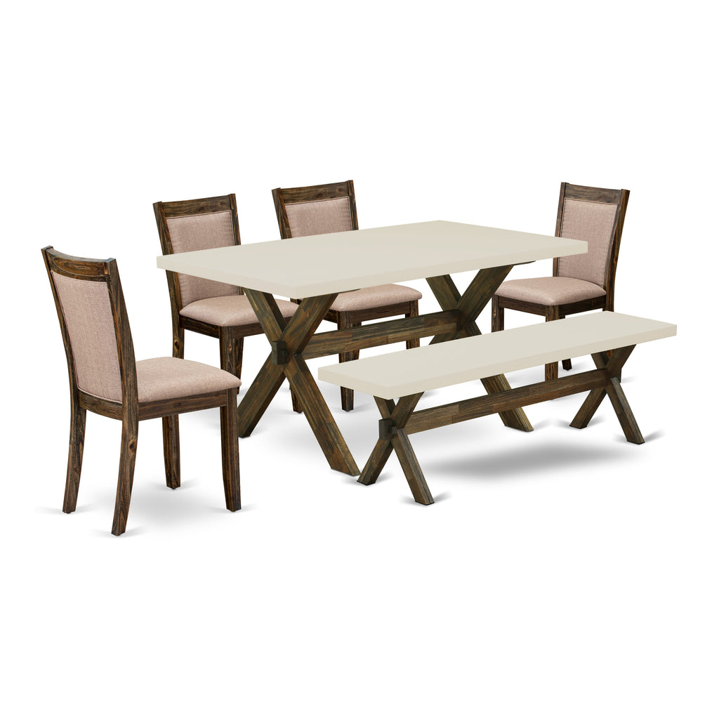 East West Furniture X726MZ716-6 6 Piece Dining Set Contains a Rectangle Dining Room Table with X-Legs and 4 Dark Khaki Linen Fabric Parson Chairs with a Bench, 36x60 Inch, Multi-Color