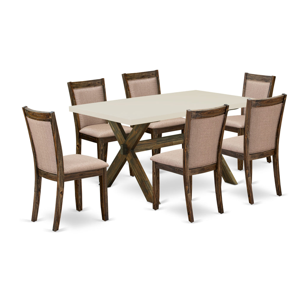 East West Furniture X726MZ716-7 7 Piece Modern Dining Table Set Consist of a Rectangle Wooden Table with X-Legs and 6 Dark Khaki Linen Fabric Parson Chairs, 36x60 Inch, Multi-Color