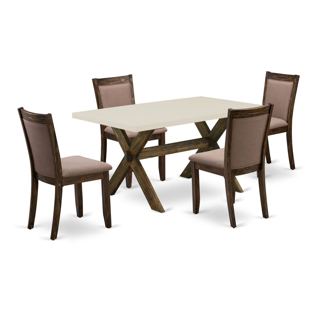 East West Furniture X726MZ748-5 5 Piece Dining Room Table Set Includes a Rectangle Dining Table with X-Legs and 4 Coffee Linen Fabric Upholstered Parson Chairs, 36x60 Inch, Multi-Color