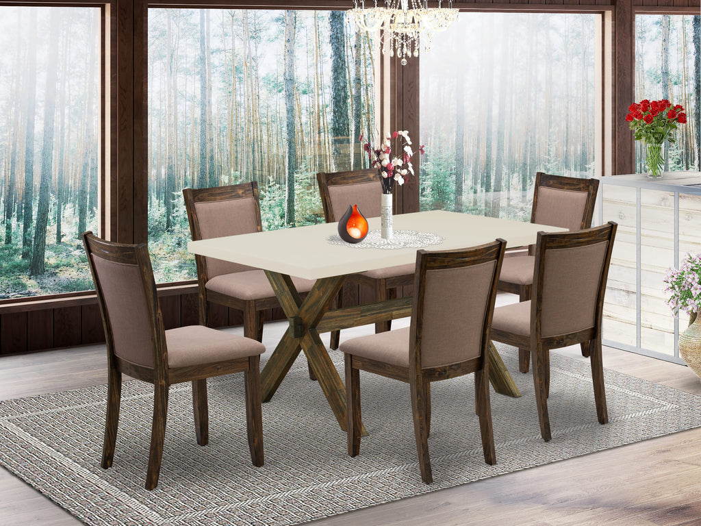East West Furniture X726MZ748-7 7 Piece Dinette Set Consist of a Rectangle Dining Room Table with X-Legs and 6 Coffee Linen Fabric Parsons Dining Chairs, 36x60 Inch, Multi-Color