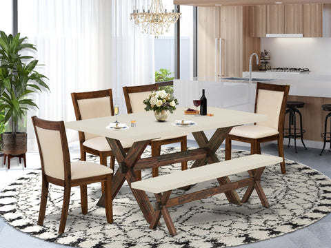 East West Furniture X726MZN32-6 6 Piece Kitchen Table Set Contains a Rectangle Dining Table with X-Legs and 4 Light Beige Linen Fabric Parson Chairs with a Bench, 36x60 Inch, Multi-Color