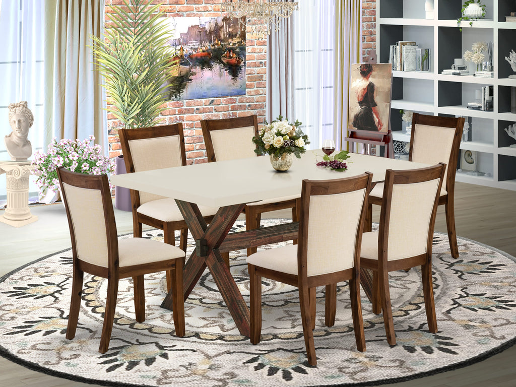 East West Furniture X726MZN32-7 7 Piece Dining Room Table Set Consist of a Rectangle Dining Table with X-Legs and 6 Light Beige Linen Fabric Upholstered Chairs, 36x60 Inch, Multi-Color