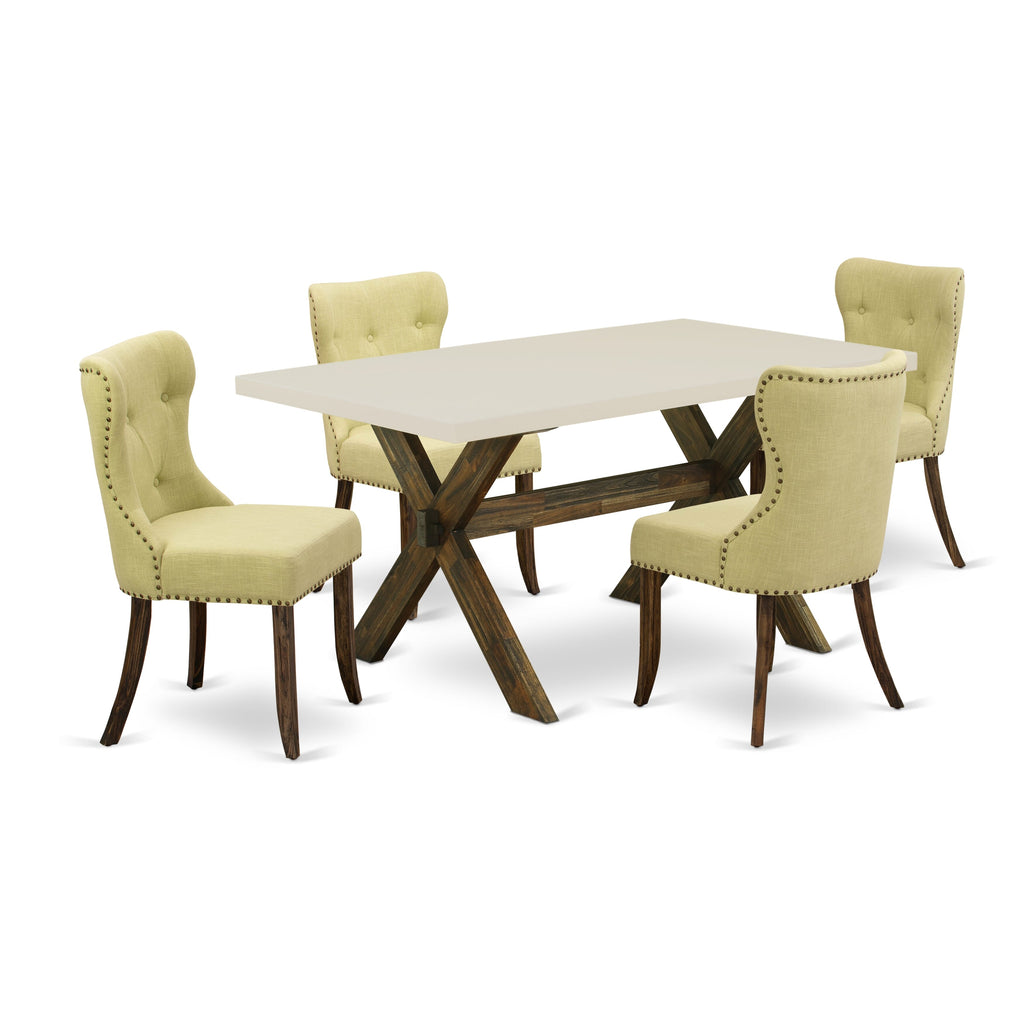 East West Furniture X726SI737-5 5 Piece Dining Table Set for 4 Includes a Rectangle Kitchen Table with X-Legs and 4 Limelight Linen Fabric Parson Dining Chairs, 36x60 Inch, Multi-Color