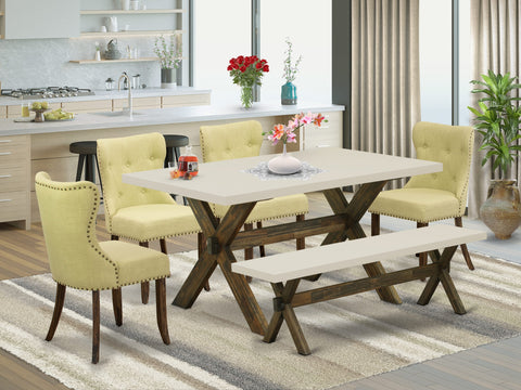 East West Furniture X726SI737-6 6 Piece Dining Table Set Contains a Rectangle Dining Room Table and 4 Limelight Linen Fabric Parson Chairs with a Bench, 36x60 Inch, Multi-Color