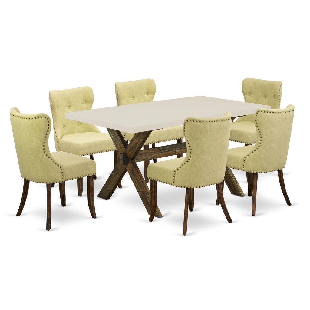 East West Furniture X726SI737-7 7-Pc Dining Room Table Set- 6 Upholstered Dining Chairs with Limelight Linen Fabric Seat and Button Tufted Chair Back - Rectangular Table Top & Wooden Cross Legs - Linen White and Distressed Jacobean Finish