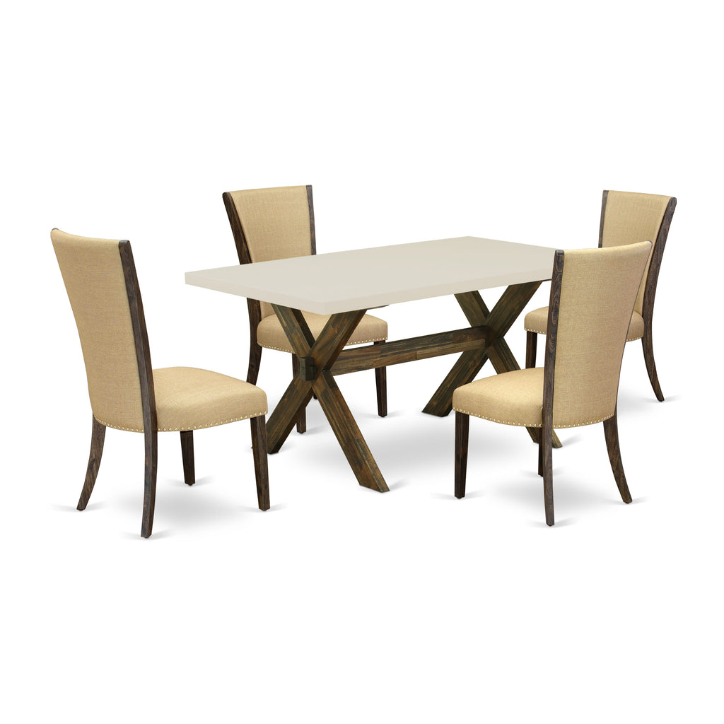 East West Furniture X726VE703-5 5 Piece Dinette Set for 4 Includes a Rectangle Dining Table with X-Legs and 4 Brown Linen Fabric Parson Dining Room Chairs, 36x60 Inch, Multi-Color