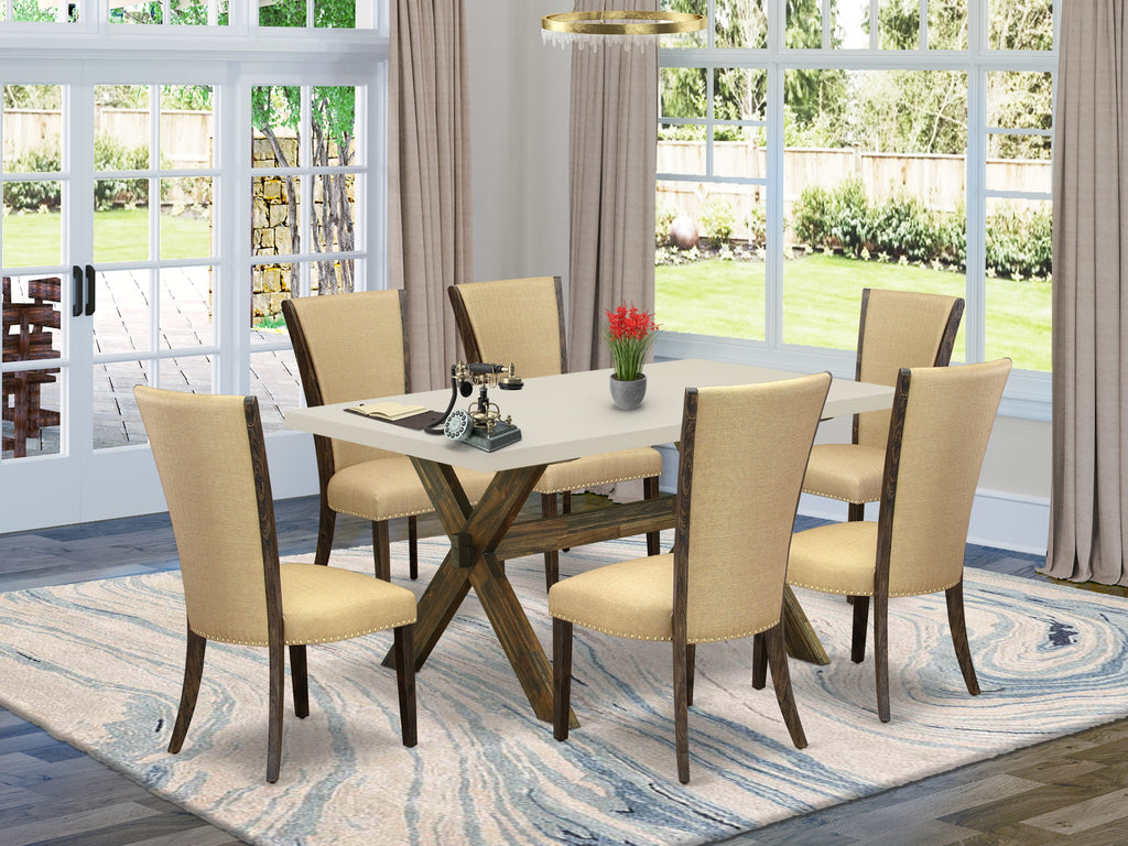 East West Furniture X726VE703-7 7 Piece Kitchen Table Set Consist of a Rectangle Dining Table with X-Legs and 6 Brown Linen Fabric Parsons Dining Chairs, 36x60 Inch, Multi-Color