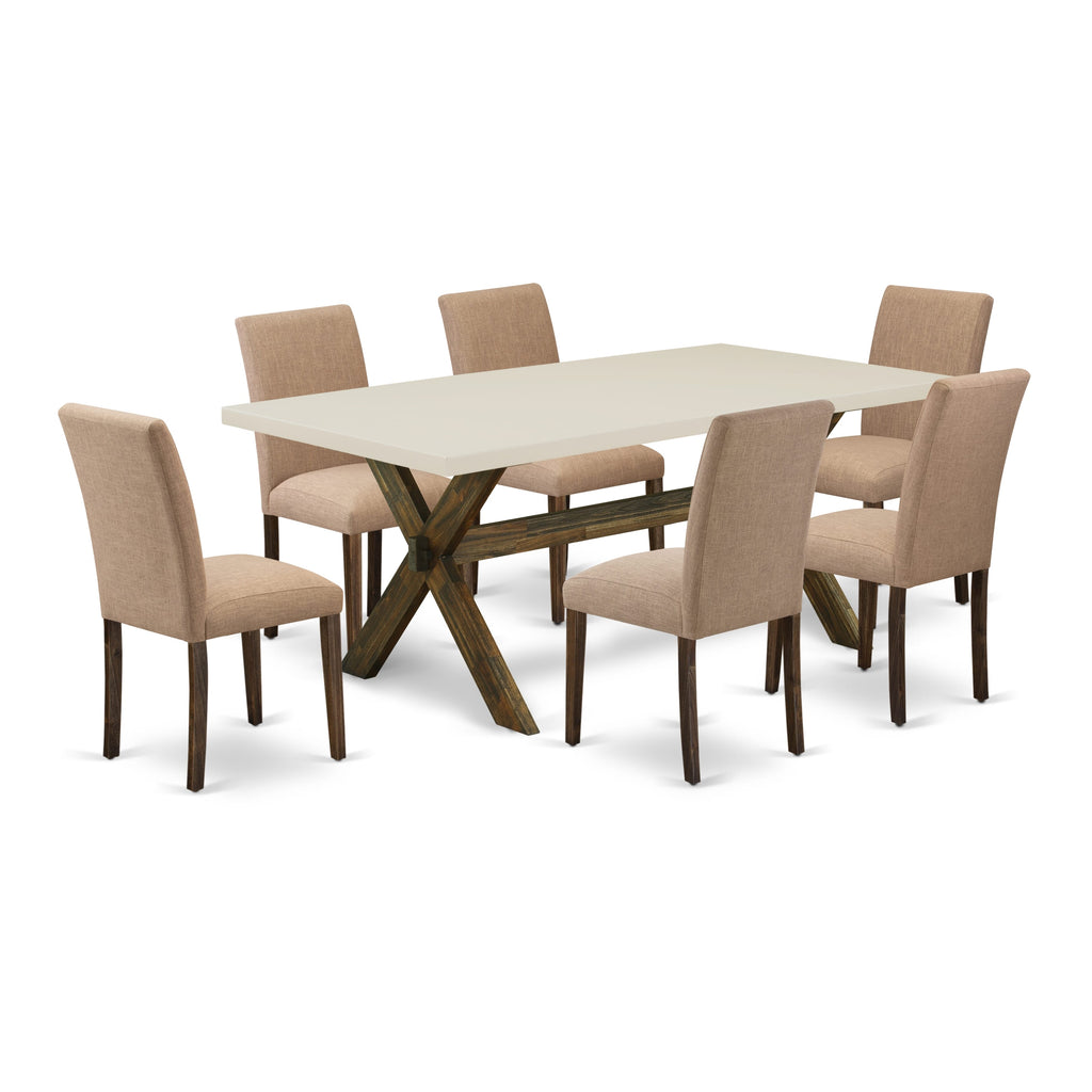 East West Furniture X727AB747-7 7 Piece Dining Room Furniture Set Consist of a Rectangle Dining Table with X-Legs and 6 Light Sable Linen Fabric Parson Chairs, 40x72 Inch, Multi-Color