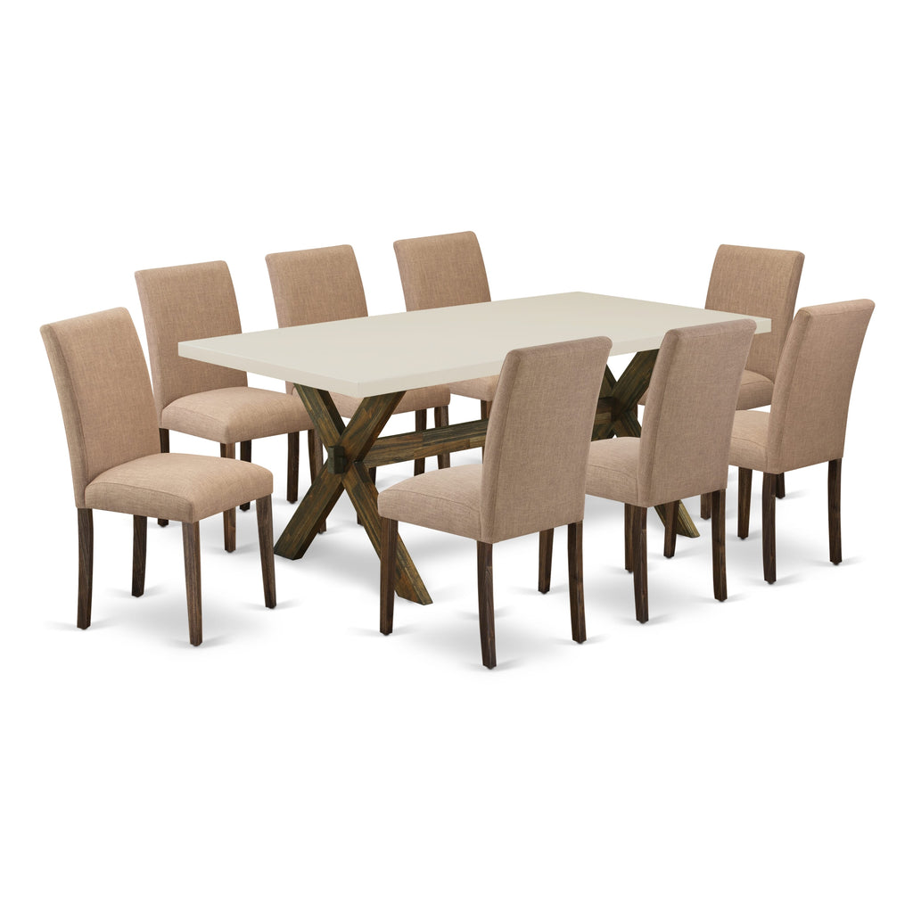 East West Furniture X727AB747-9 9 Piece Dining Set Includes a Rectangle Dining Room Table with X-Legs and 8 Light Sable Linen Fabric Upholstered Parson Chairs, 40x72 Inch, Multi-Color