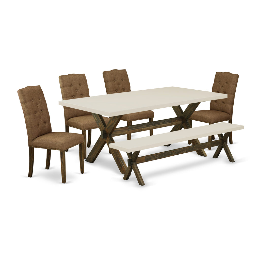 East West Furniture X727EL718-6 6 Piece Dinette Set Contains a Rectangle Dining Table with X-Legs and 4 Brown Linen Linen Fabric Parson Chairs with a Bench, 40x72 Inch, Multi-Color