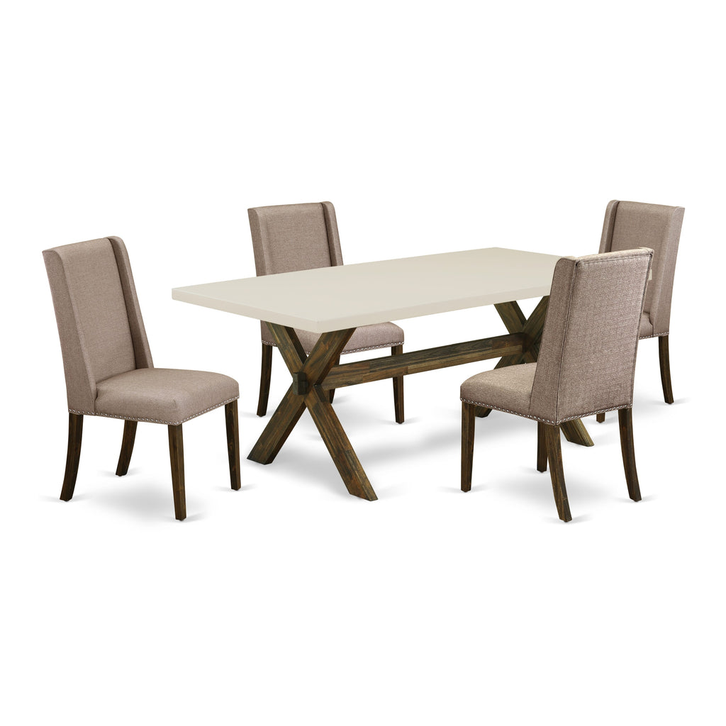 East West Furniture X727FL716-5 5 Piece Dining Set Includes a Rectangle Dining Room Table with X-Legs and 4 Dark Khaki Linen Fabric Upholstered Parson Chairs, 40x72 Inch, Multi-Color