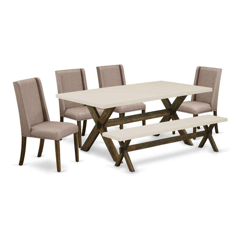 East West Furniture X727FL716-6 6 Piece Dining Set Contains a Rectangle Dining Room Table with X-Legs and 4 Dark Khaki Linen Fabric Parson Chairs with a Bench, 40x72 Inch, Multi-Color