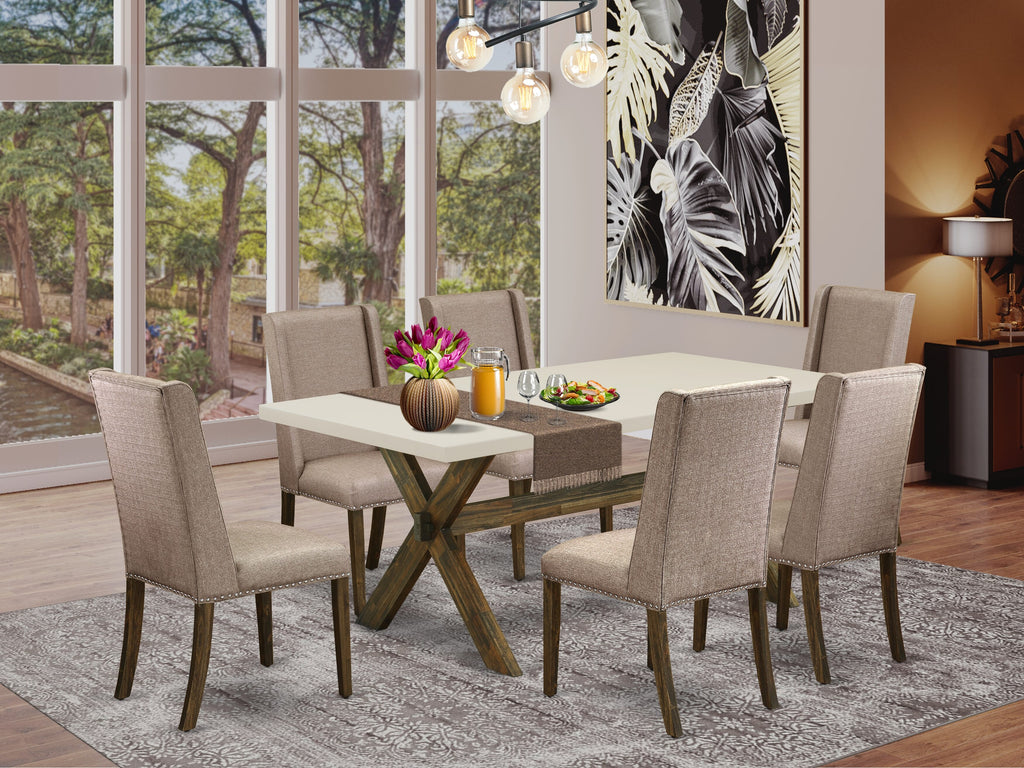 East West Furniture X727FL716-7 7 Piece Dining Set Consist of a Rectangle Dining Room Table with X-Legs and 6 Dark Khaki Linen Fabric Upholstered Parson Chairs, 40x72 Inch, Multi-Color