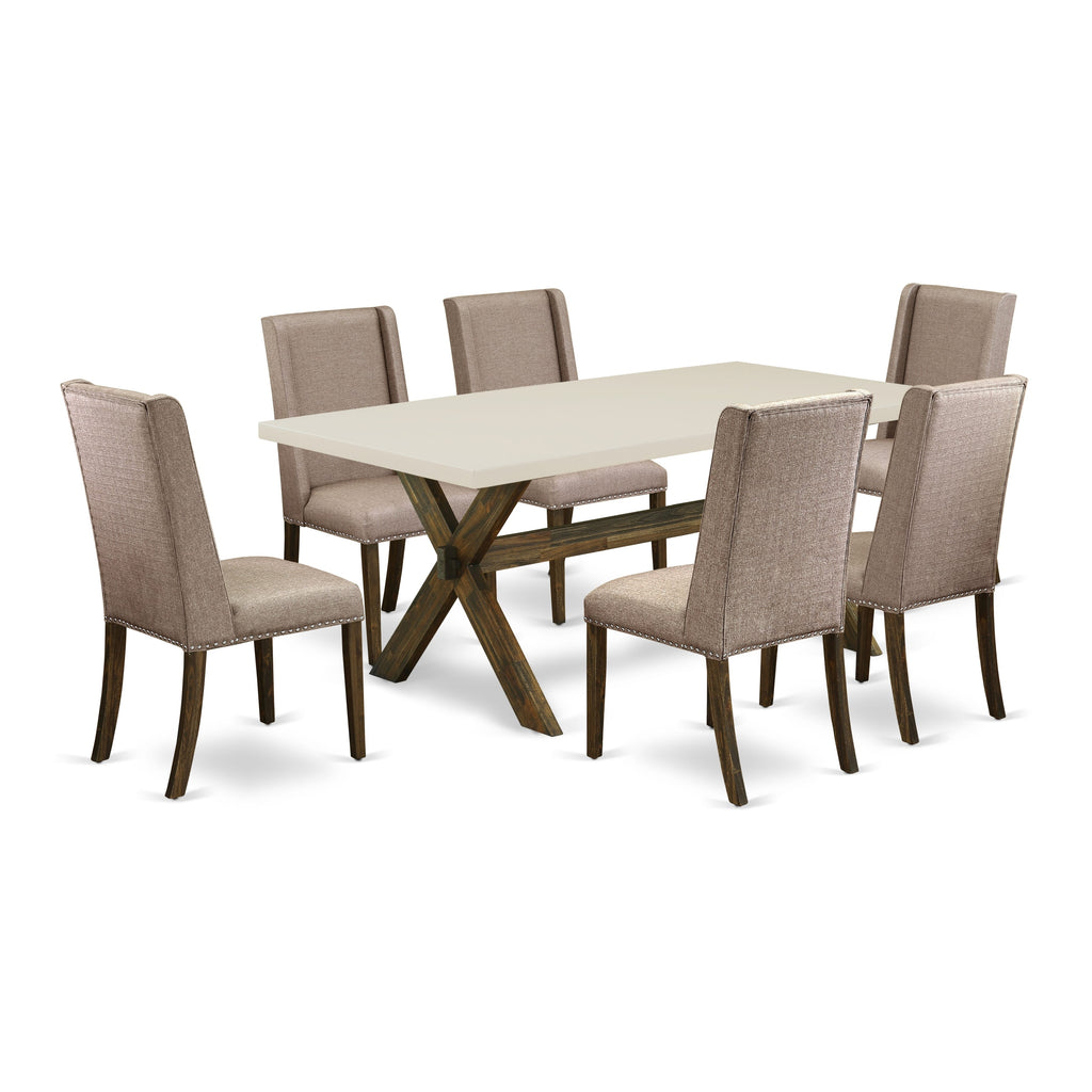 East West Furniture X727FL716-7 7 Piece Dining Set Consist of a Rectangle Dining Room Table with X-Legs and 6 Dark Khaki Linen Fabric Upholstered Parson Chairs, 40x72 Inch, Multi-Color