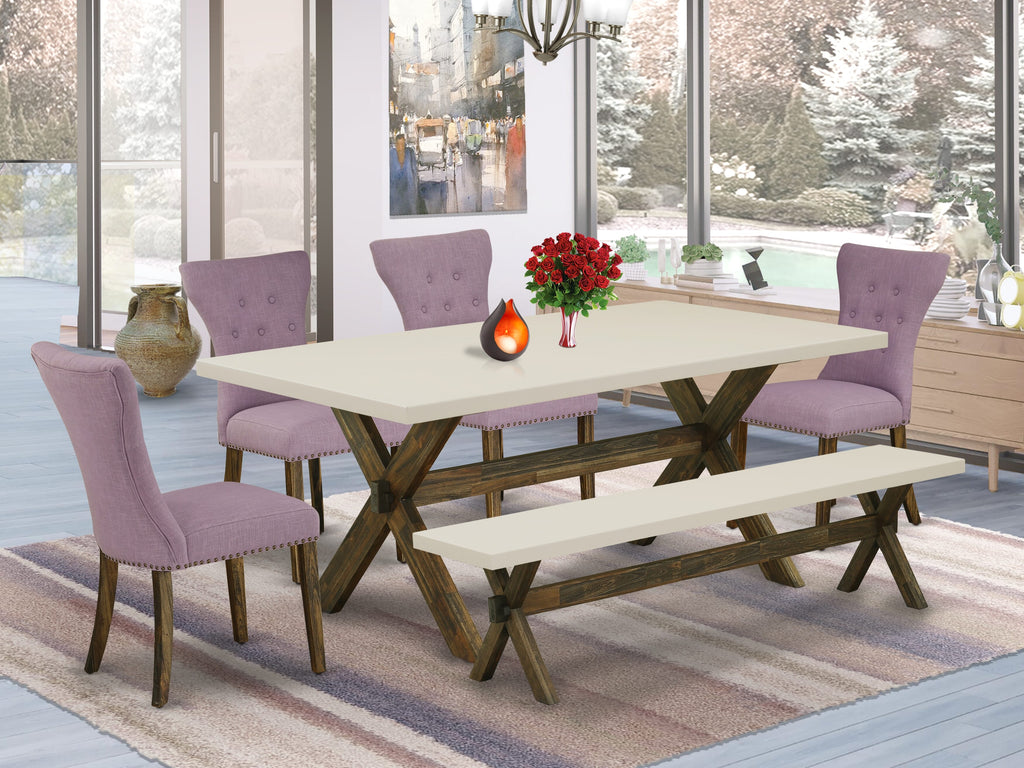 East West Furniture X727GA740-6 6 Piece Dining Set Contains a Rectangle Dining Room Table with X-Legs and 4 Dahlia Linen Fabric Parson Chairs with a Bench, 40x72 Inch, Multi-Color